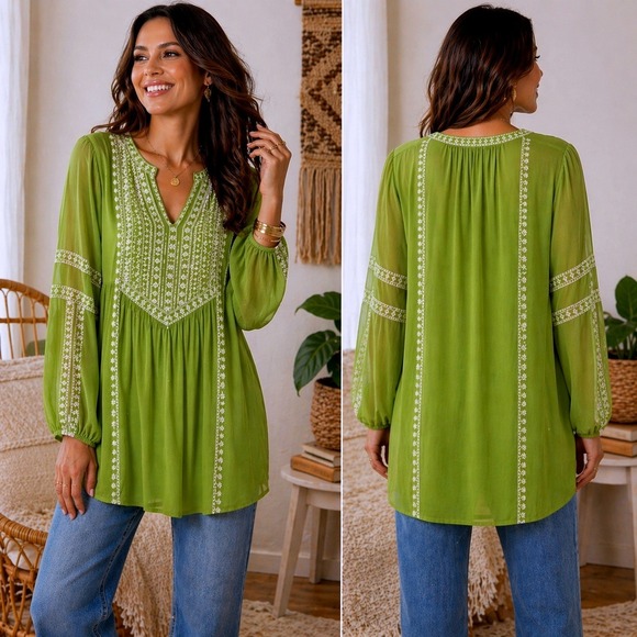 Tolani Tops - Tolani Lauren Style Lime Green Embroidered Boho Tunic Blouse 100% Viscose Large